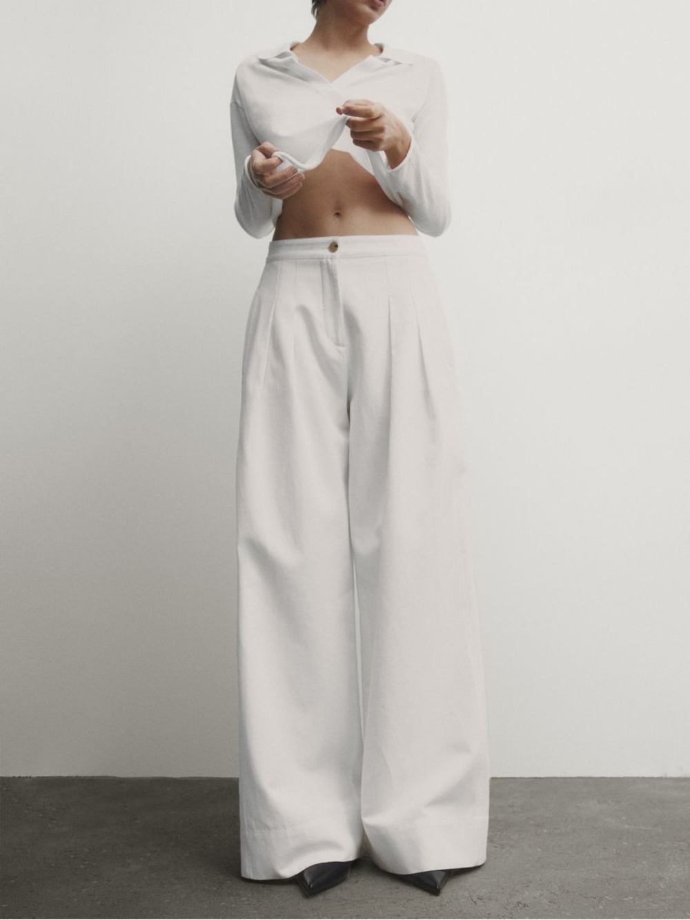 Massimo Dutti White Wide-Leg Pleated Trousers